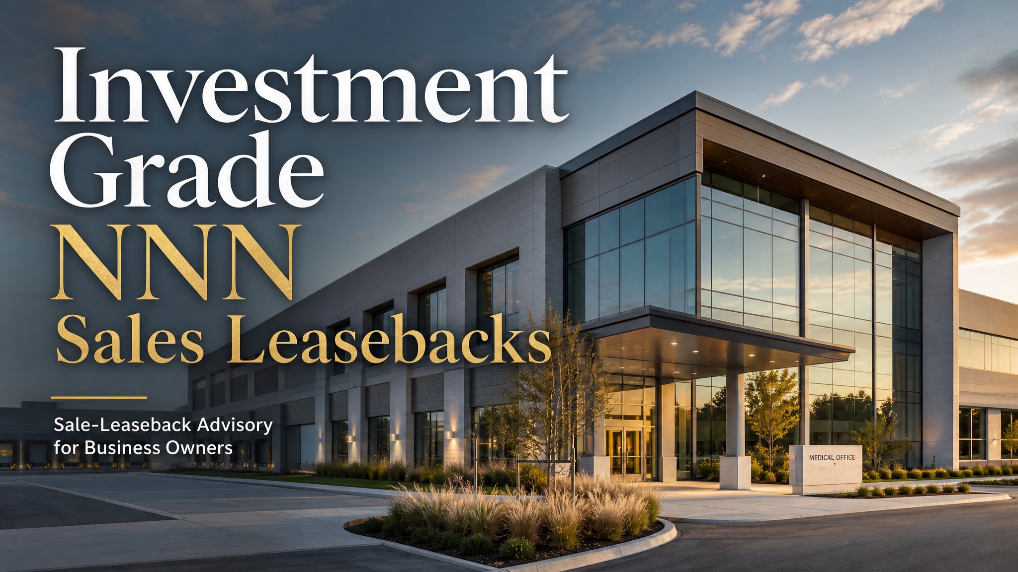 Investment Grade NNN Sales Leasebacks title card over a modern premium healthcare and industrial commercial facility