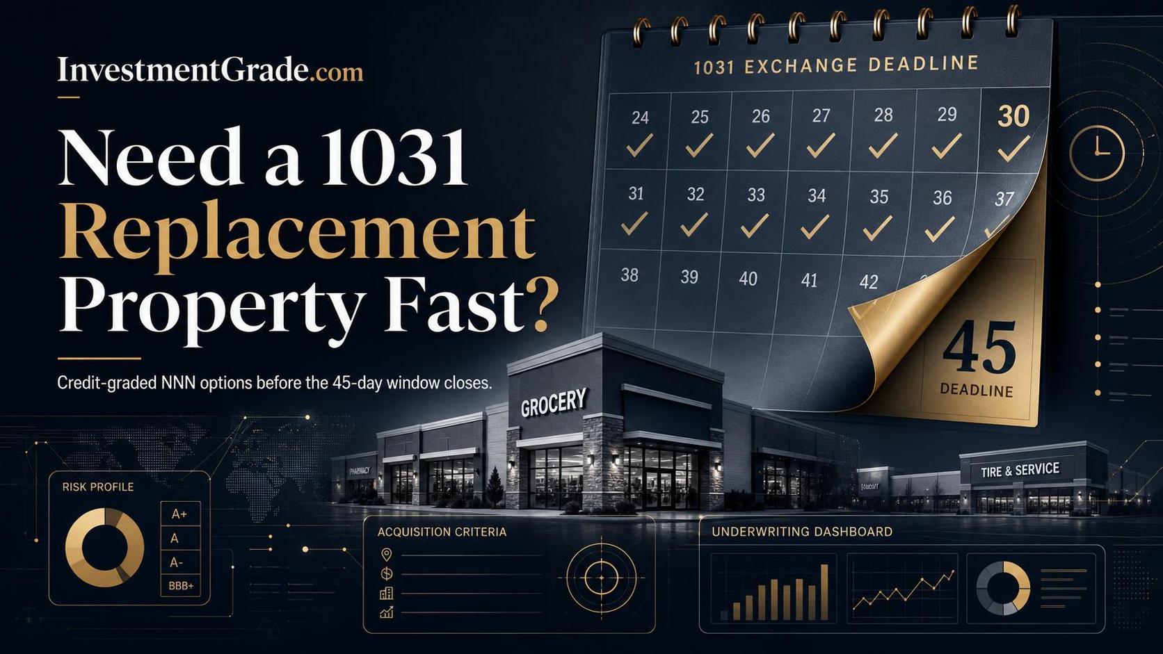 Need a 1031 Replacement Property Fast title card with 45-day 1031 calendar and single-tenant net lease real estate background