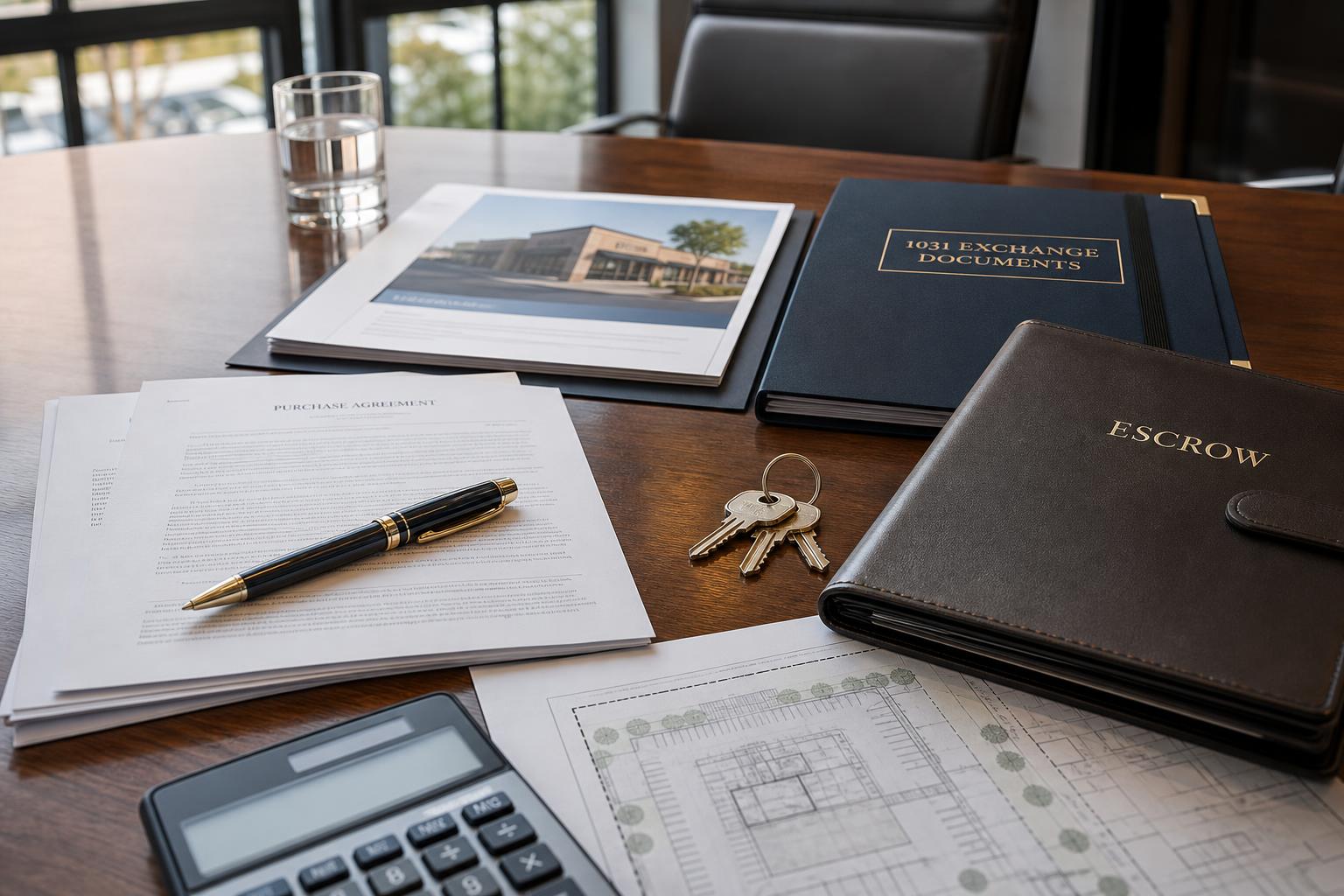 Commercial real estate closing table with 1031 exchange paperwork and NNN property brochure